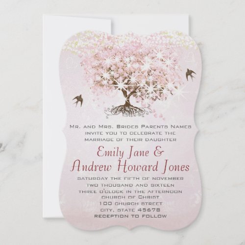 Simply Pink Heart Leaf Tree Love Bird Wedding Invitation