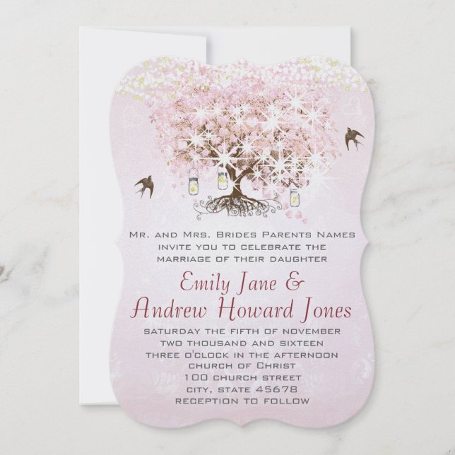 Simply Pink Heart Leaf Tree Love Bird Wedding Invitation (Front)