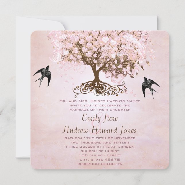 Simply Pink Heart Leaf Tree Love Bird Wedding Invitation (Front)