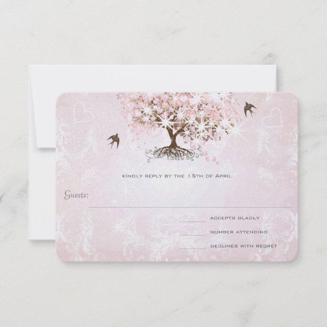 Simply Pink Heart Leaf Tree Wedding RSVP (Front)