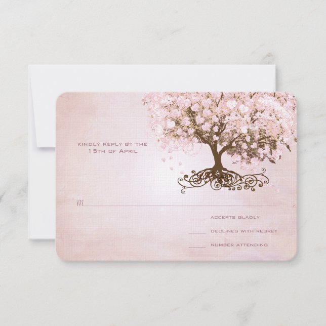 Simply Pink Heart Leaf Tree Wedding RSVP (Front)