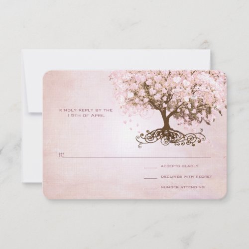 Simply Pink Heart Leaf Tree Wedding RSVP