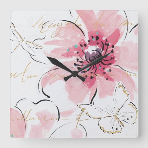 Simply Pink  Watercolor Floral Square Wall Clock