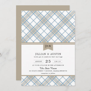 Simply Plaid Blue & Tan with Monogram Wedding Invitation
