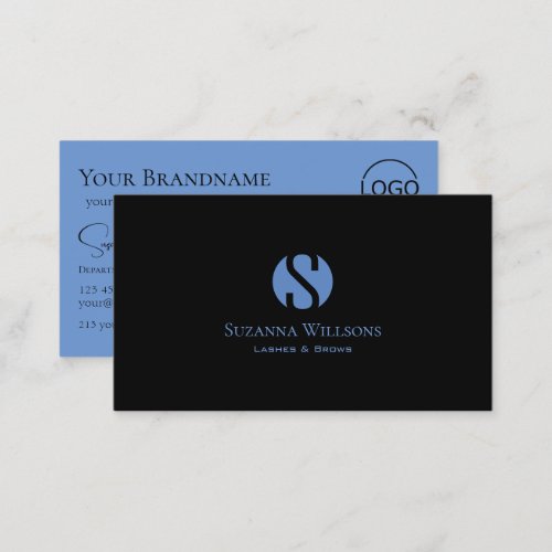 Simply Plain Black Blue with Monogram and Logo Business Card