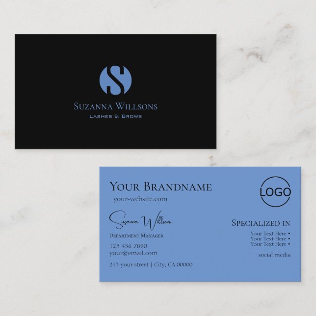 Simply Plain Black Blue with Monogram and Logo Business Card (Front/Back)