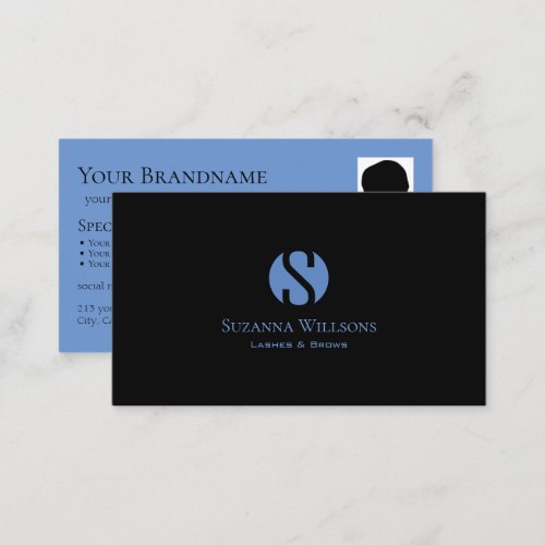 Simply Plain Black Blue with Monogram and Photo Business Card
