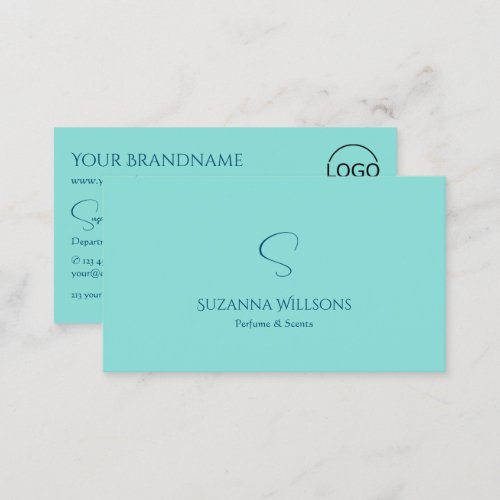 Simply Plain Teal with Monogram and Logo Modern Business Card
