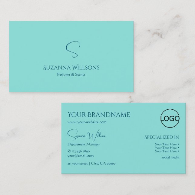 Simply Plain Teal with Monogram and Logo Modern Business Card (Front/Back)