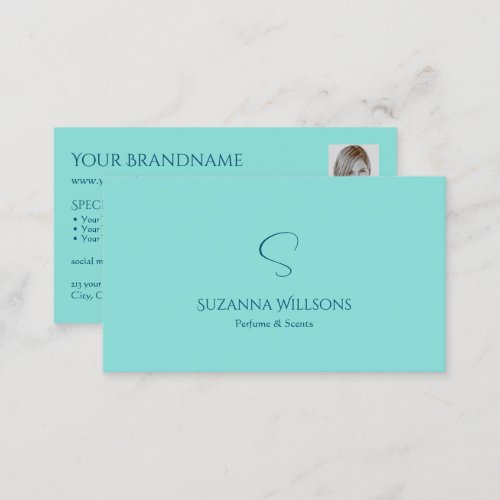 Simply Plain Teal with Monogram and Photo Modern Business Card