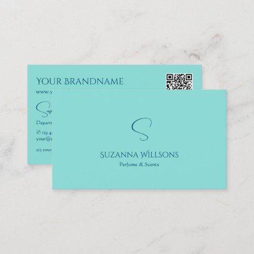 Simply Plain Teal with Monogram and QR Code Modern Business Card