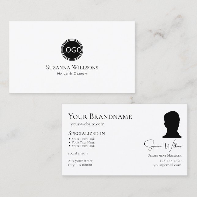 Simply Plain White Black Point with Logo and Photo Business Card (Front/Back)