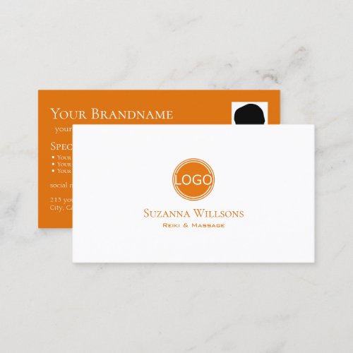 Simply Plain White Orange with Logo and Photo Chic Business Card
