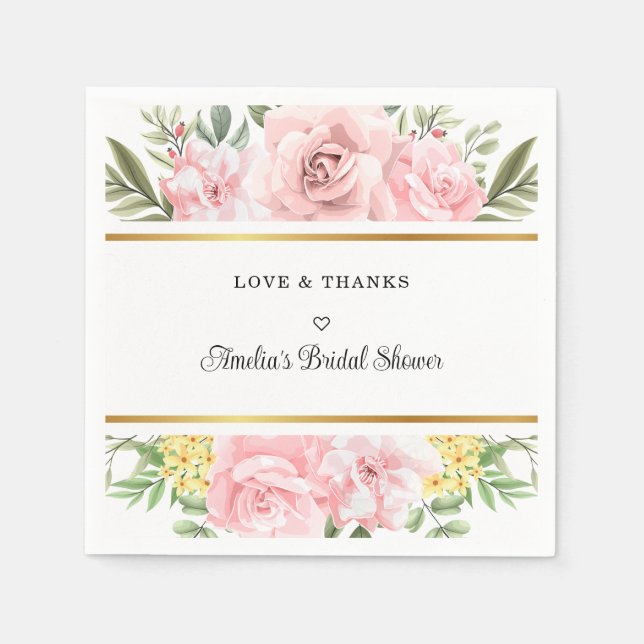 Simply Romantic Pink Rose Floral Love And Thanks Napkins (Front)