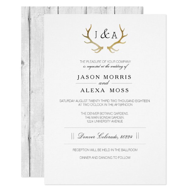 Simply Rustic Gold Antler | Elegant Wedding Invitation