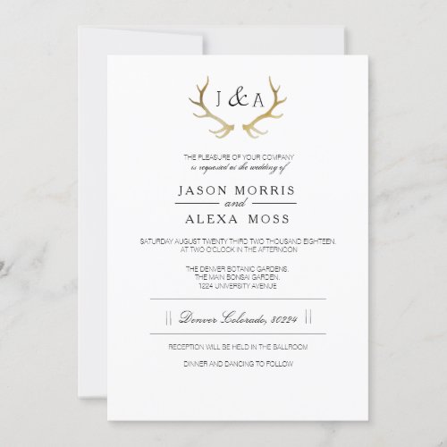 Simply Rustic Gold Antler  Elegant Wedding Invitation