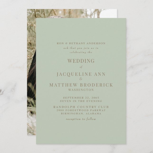 Simply Sage Photo Gold Text Wedding  Invitation (Front/Back)