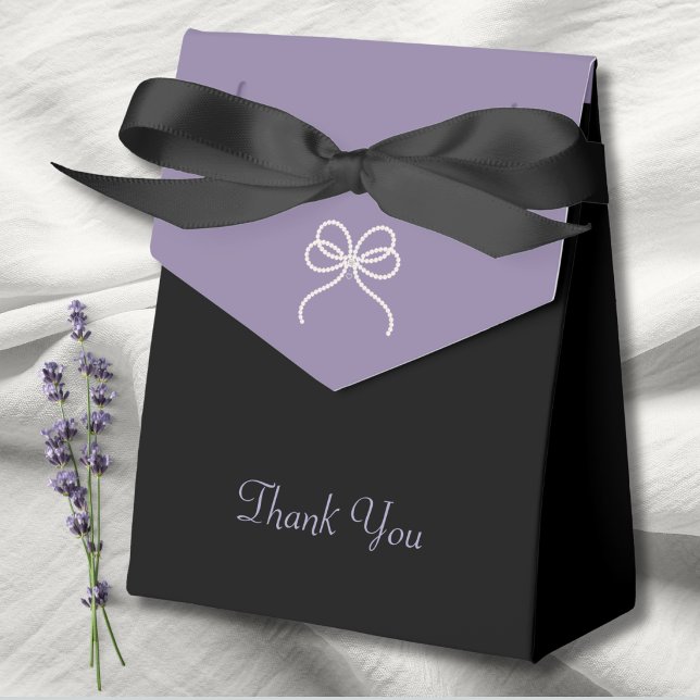 Simply Stunning Lavender and Black Bow Thank You Favor Boxes (The perfect finish: Elegant pearl bow favor boxes for a simply stunning celebration.)