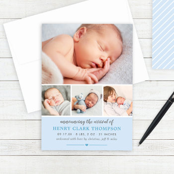 Simply Sweet Blue Baby Boy Photo Collage Birth Announcement by Plush_Paper at Zazzle