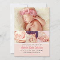 Simply Sweet Blush Baby Girl Photo Collage Birth Announcement