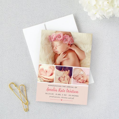 Simply Sweet Blush Baby Girl Photo Collage Birth Announcement