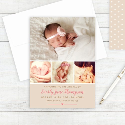 Simply Sweet Pink Baby Girl Photo Collage Birth Announcement