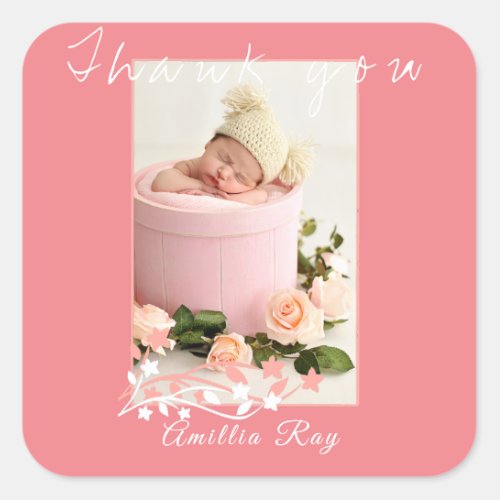 Simply Sweet Pink Baby Girl Photo  thank you Square Sticker