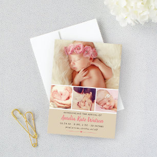 Simply Sweet Pink Beige Baby Girl Collage Birth Announcement