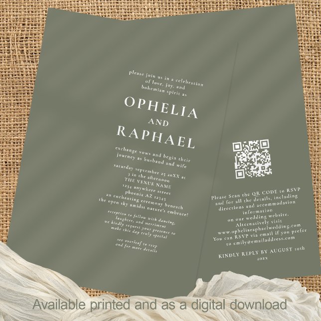 Simply Text Sage Green QR Code Bohemian Wedding Invitation (Front and back view)