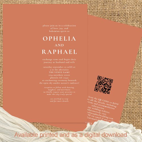 Simply Text Terracotta QR Code Bohemian Wedding Invitation
