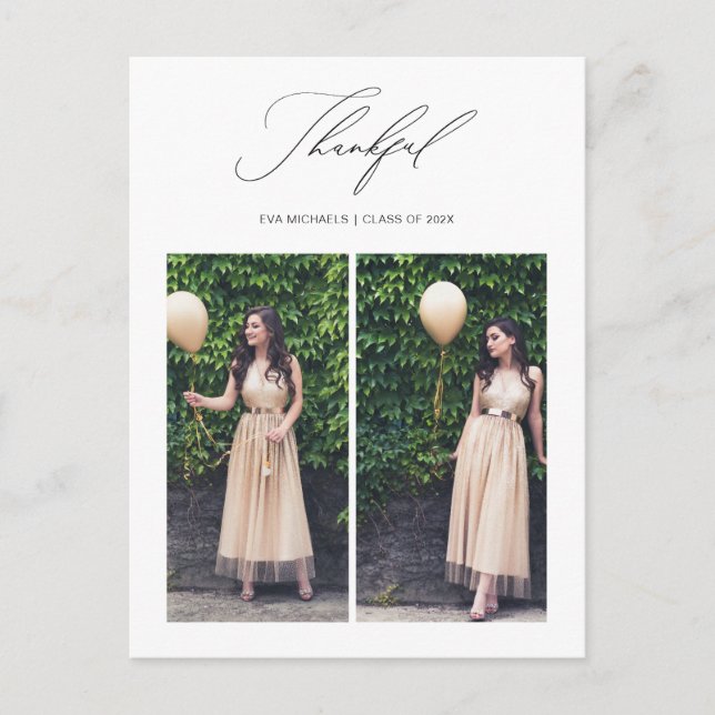 Simply Thankful Graduation Two Photo Thank You Postcard (Front)