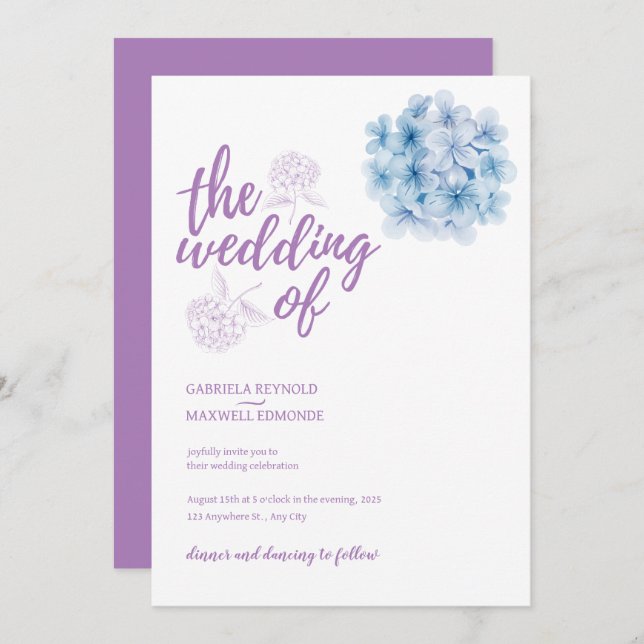 Simply Watercolor Blue Hydrangea Wedding Invitation (Front/Back)