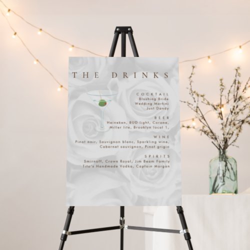 Simply White Roses Wedding Bar Drinks Foam Board