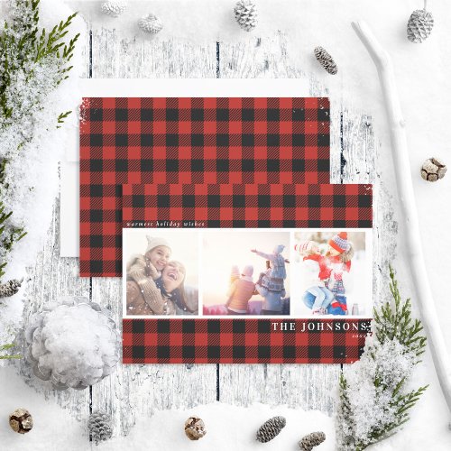 Simpple Rustic Red Plaid 3 Photo Collage Holiday Card