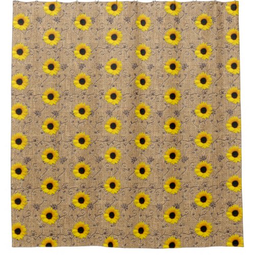 Simulated Burlap Lace Yellow Sunflower Rustic Shower Curtain