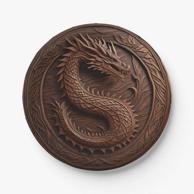 Simulated Carved Wood Dragon Paper Plates (Front)