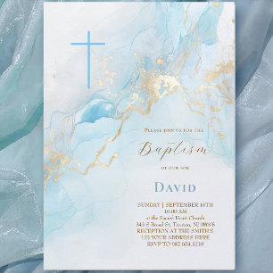 simulated foil accents blue ink splashes Baptism Invitation