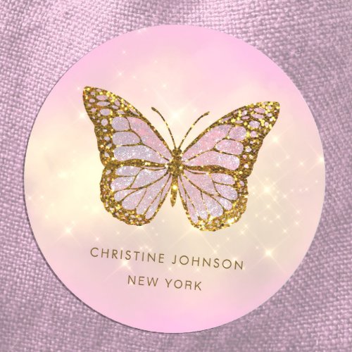 simulated glitter butterfly classic round sticker