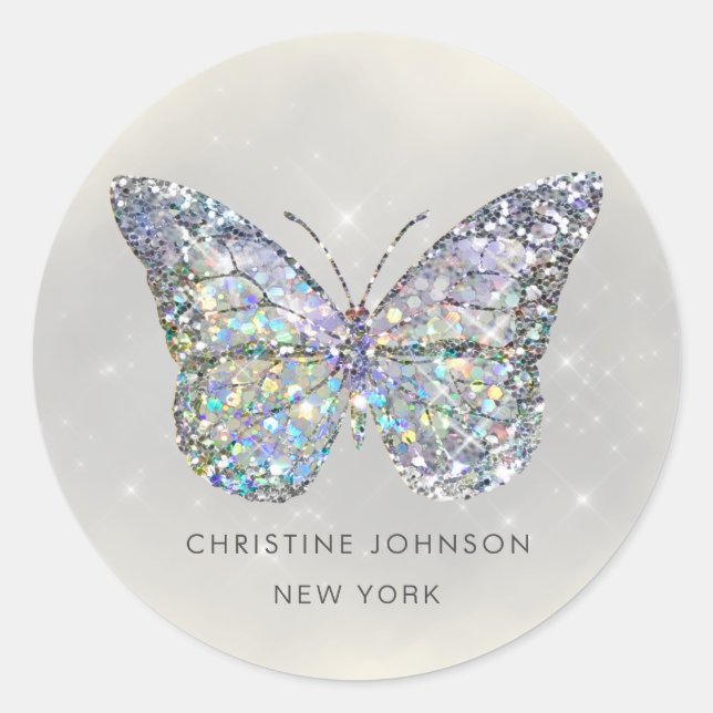 simulated glitter butterfly classic round sticker (Front)