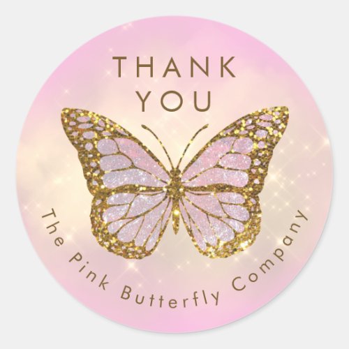 simulated glitter butterfly thank you classic round sticker