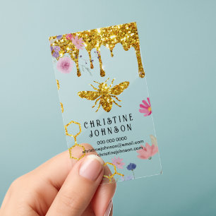 simulated glitter effect bee and flowers clear business cards