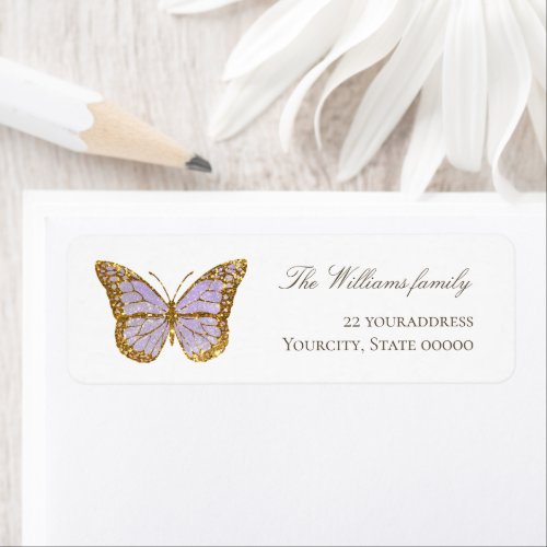 simulated glitter lilac butterfly label