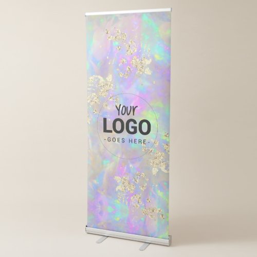 simulated glitter on faux iridescent opal retractable banner