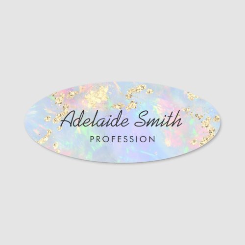 simulated glitter on faux iridescent opal stone name tag