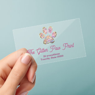 simulated glitter paw print clear business cards