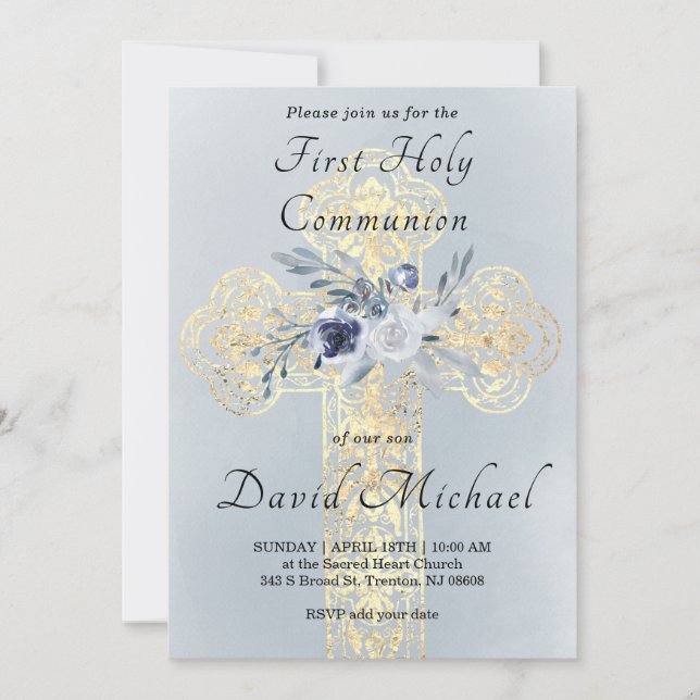 simulated gold foil Holy Cross First Communion Invitation (Front)