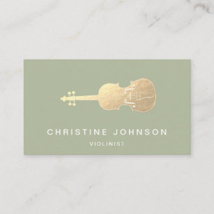 simulated gold foil violin on sage green business  business card