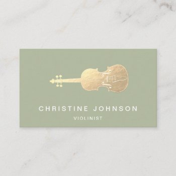 Simulated Gold Foil Violin On Sage Green Business  Business Card by musickitten at Zazzle
