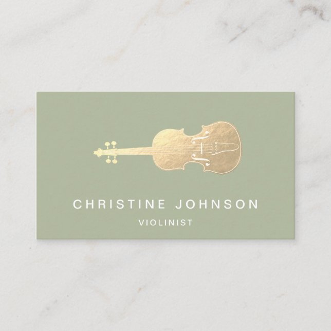 simulated gold foil violin on sage green business  business card (Front)
