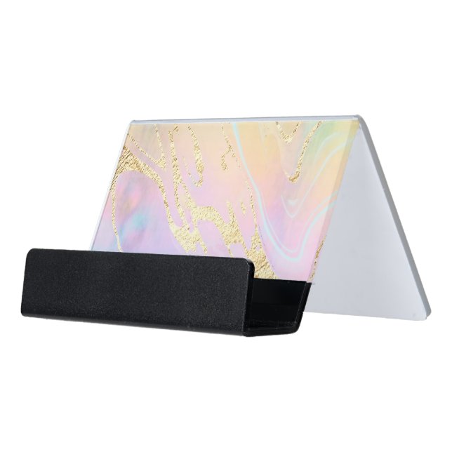 simulated gold glitter on FAUX holographic effect Desk Business Card Holder (Angled Front)